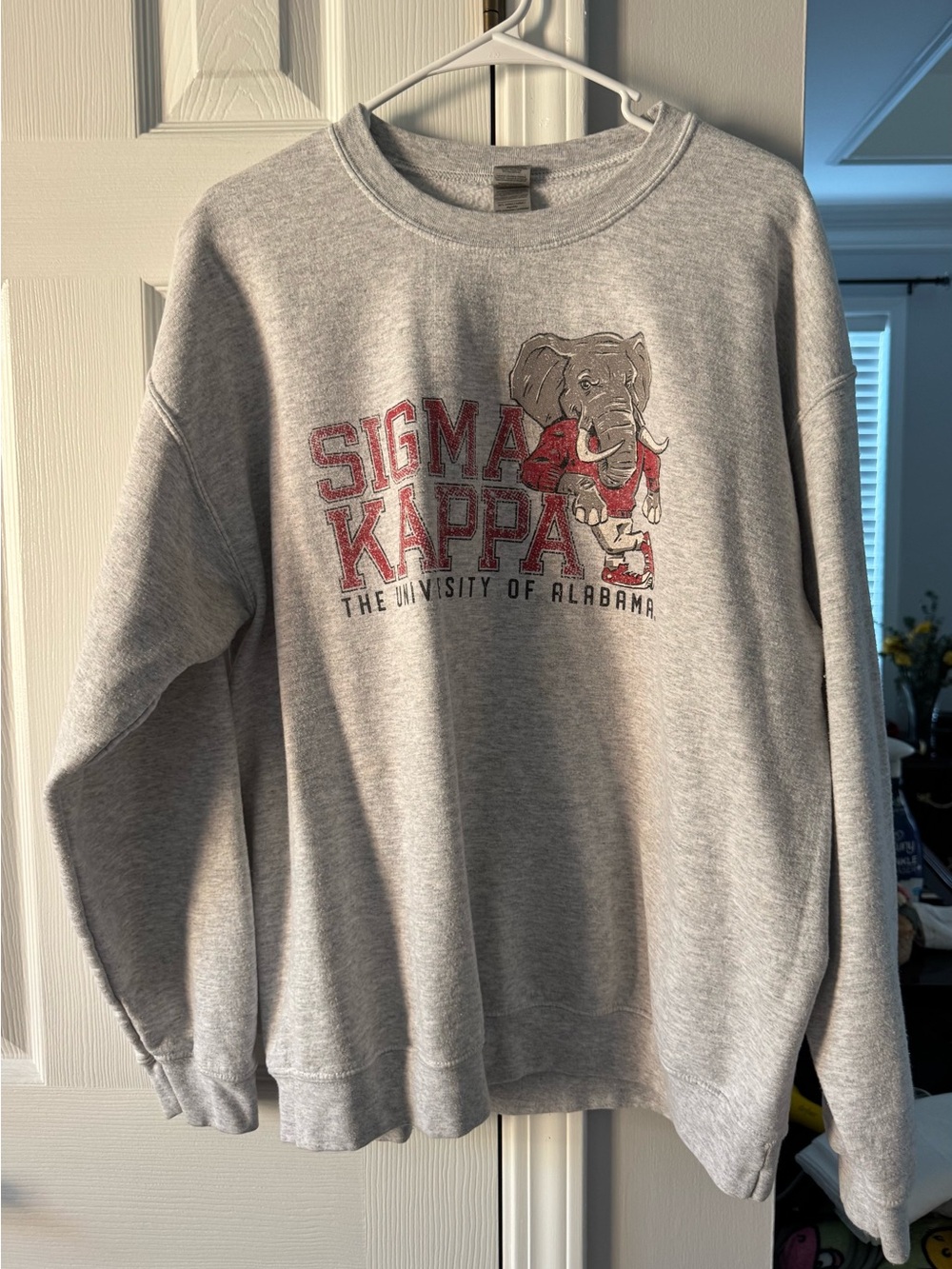 Gildan Gray Crewneck Sweatshirt with Red Sigma Kappa Elephant Graphic